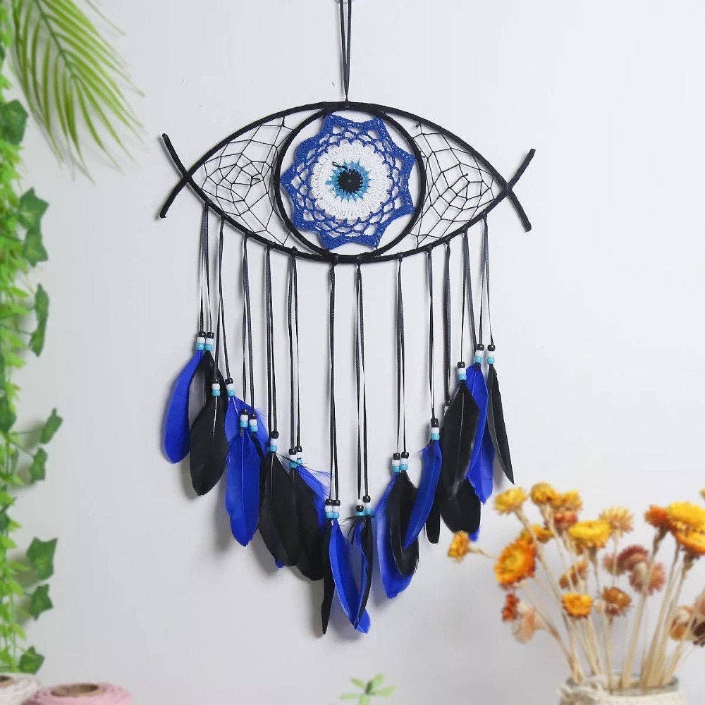 Large Wall Hanging Evil Eye Nazar Boncuk Mal De Ojo Dream Catcher with Feathers,