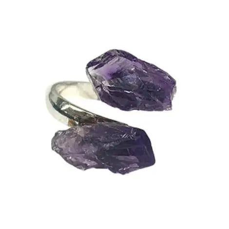 Raw Amethyst Double Point Wrap Ring | Silver Plated | Adjustable