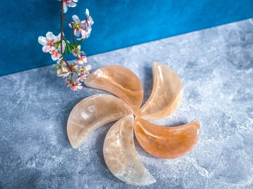 Peach Selenite Crescent Moon Bowl | 4" | Crystal Charging & Altar Decor