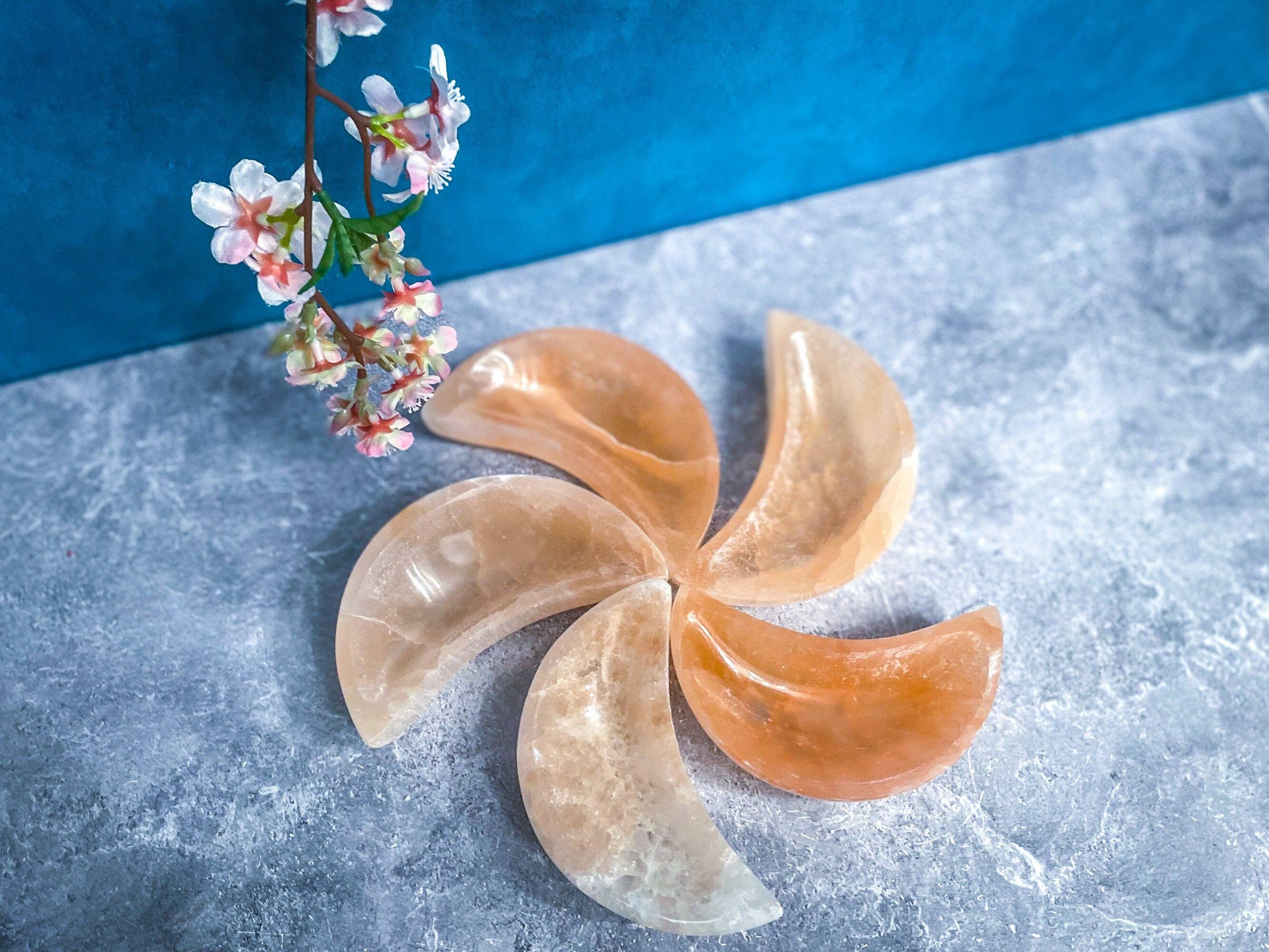 Peach Selenite Crescent Moon Bowl | 4" | Crystal Charging & Altar Decor