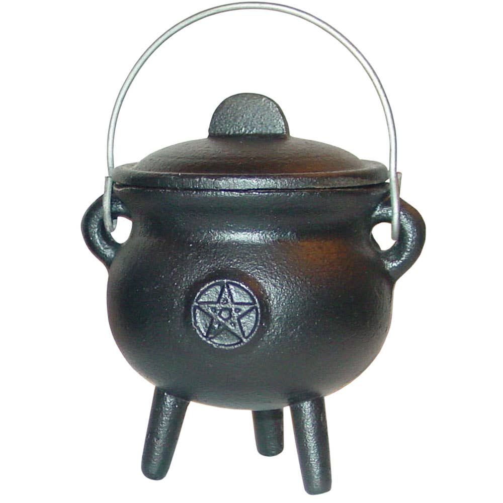 Cast Iron Cauldron with Pentagram | 3" Mini | Lid & Bail Handle | Witch's Ritual Cauldron