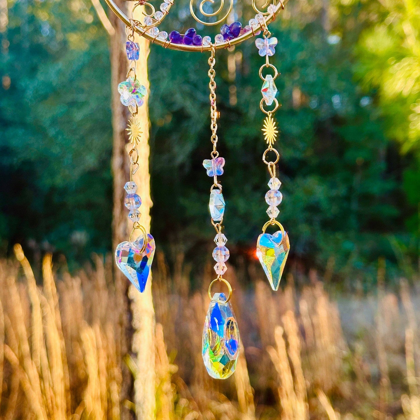 Gold Metal Crescent Moon Dreamcatcher Suncatcher with Swirls & Hanging Butterfly and Heart Jewel Charms