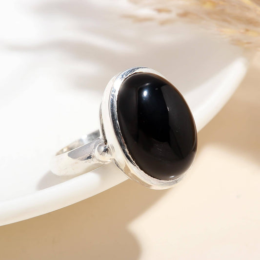 925 Silver Oval Black Onyx Ring Size 9