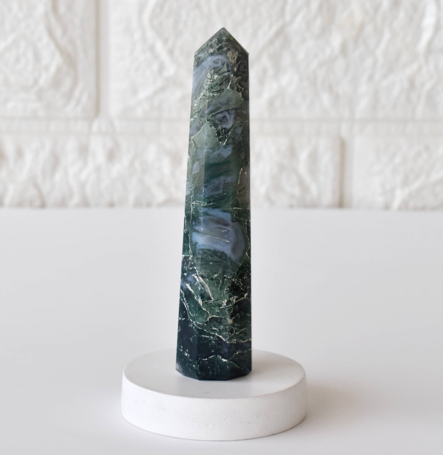 Moss Agate Crystal Tower | Healing Obelisk Point | Natural Gemstone Tower