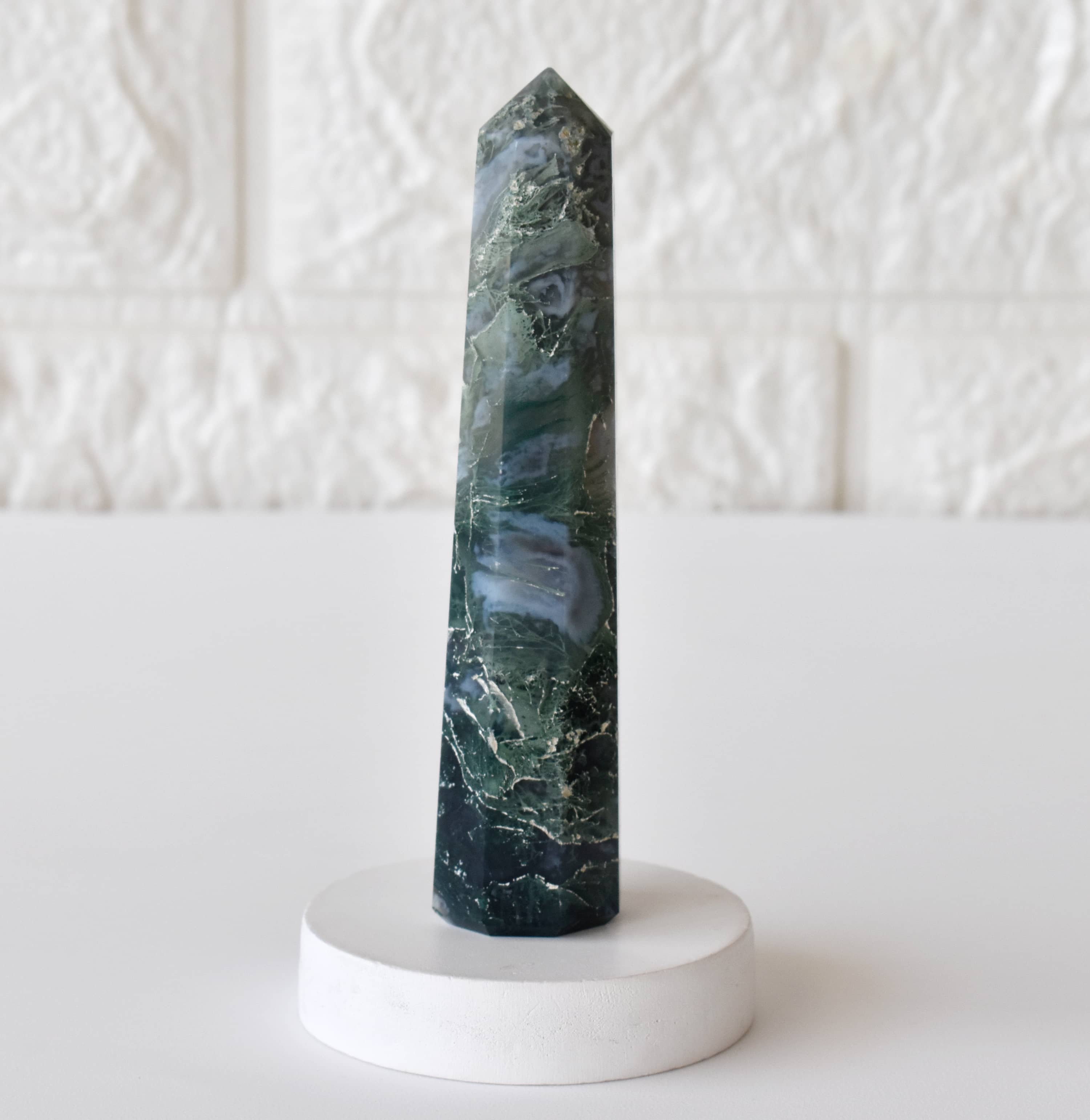 Moss Agate Crystal Tower | Healing Obelisk Point | Natural Gemstone Tower