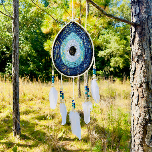 White Tear Drop Crochet Wall Hanging Evil Eye Nazar Boncuk Mal De Ojo Dream Catcher with Feathers