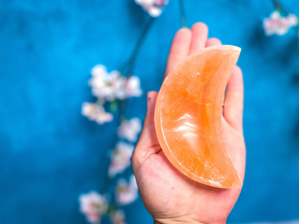 Peach Selenite Crescent Moon Bowl | 4" | Crystal Charging & Altar Decor