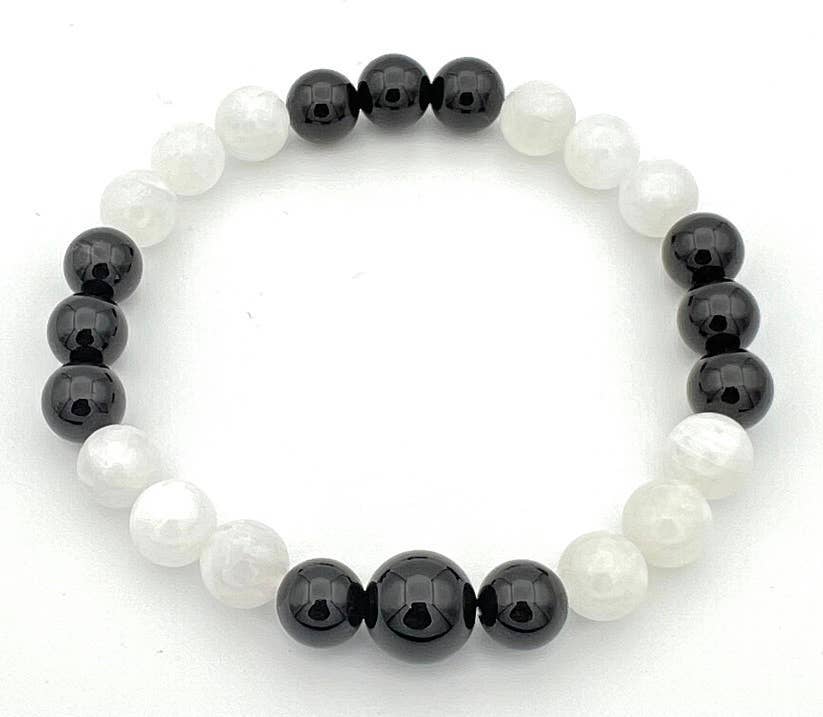 Black Obsidian & Moonstone Beaded Bracelet - 8mm