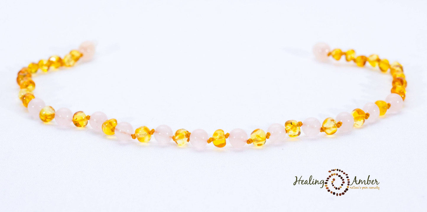 Baltic Amber & Rose Quartz Necklace - Gold Circle 11"