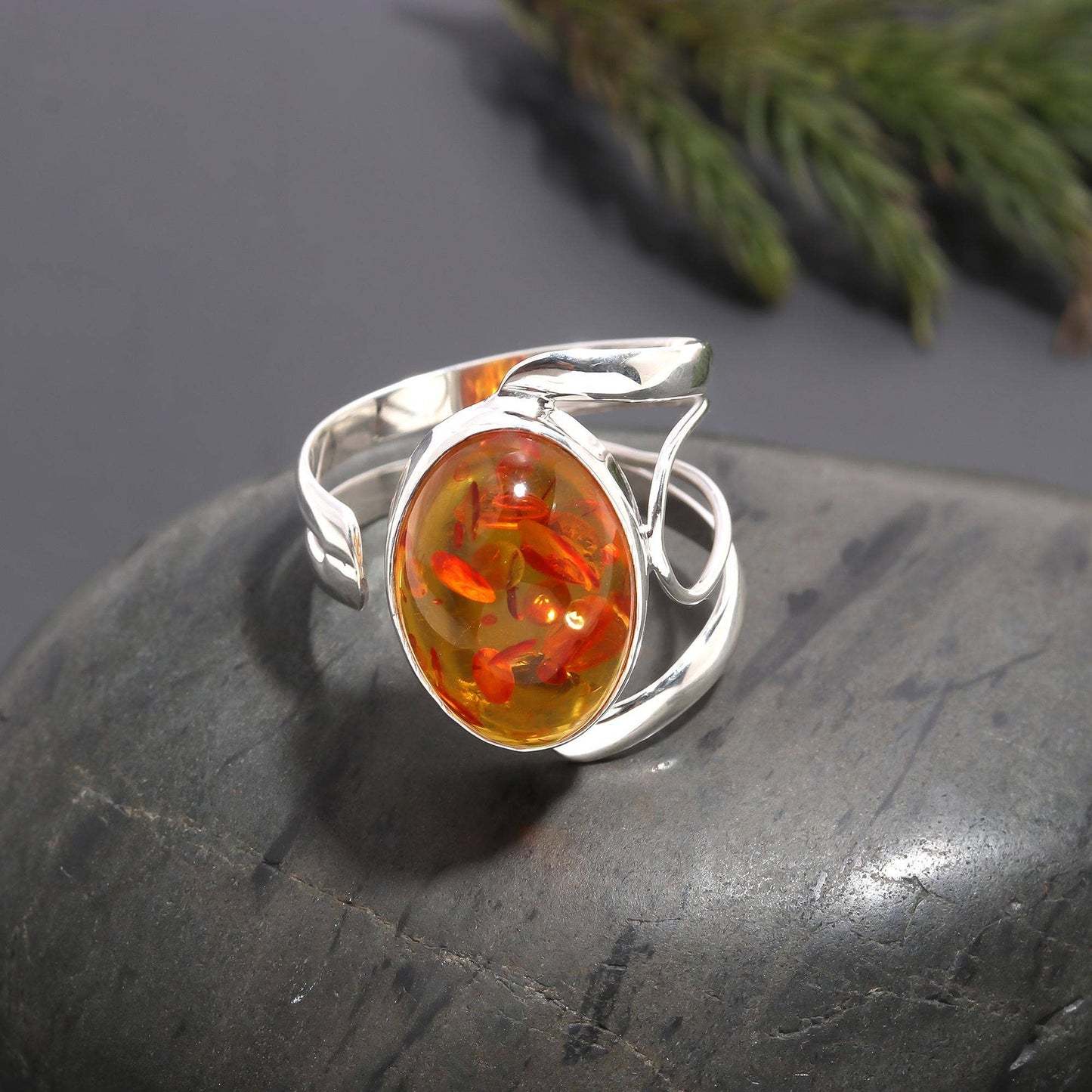925 Silver Sunset Amber Oval Ring Size 6
