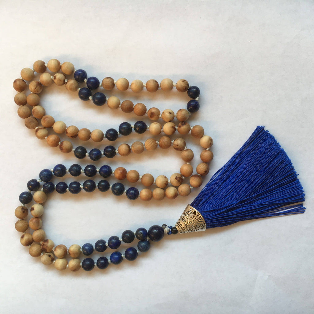 Cedarwood & Lapis Lazuli Mala | 108 Beads | 6mm | Handcrafted in Nepal