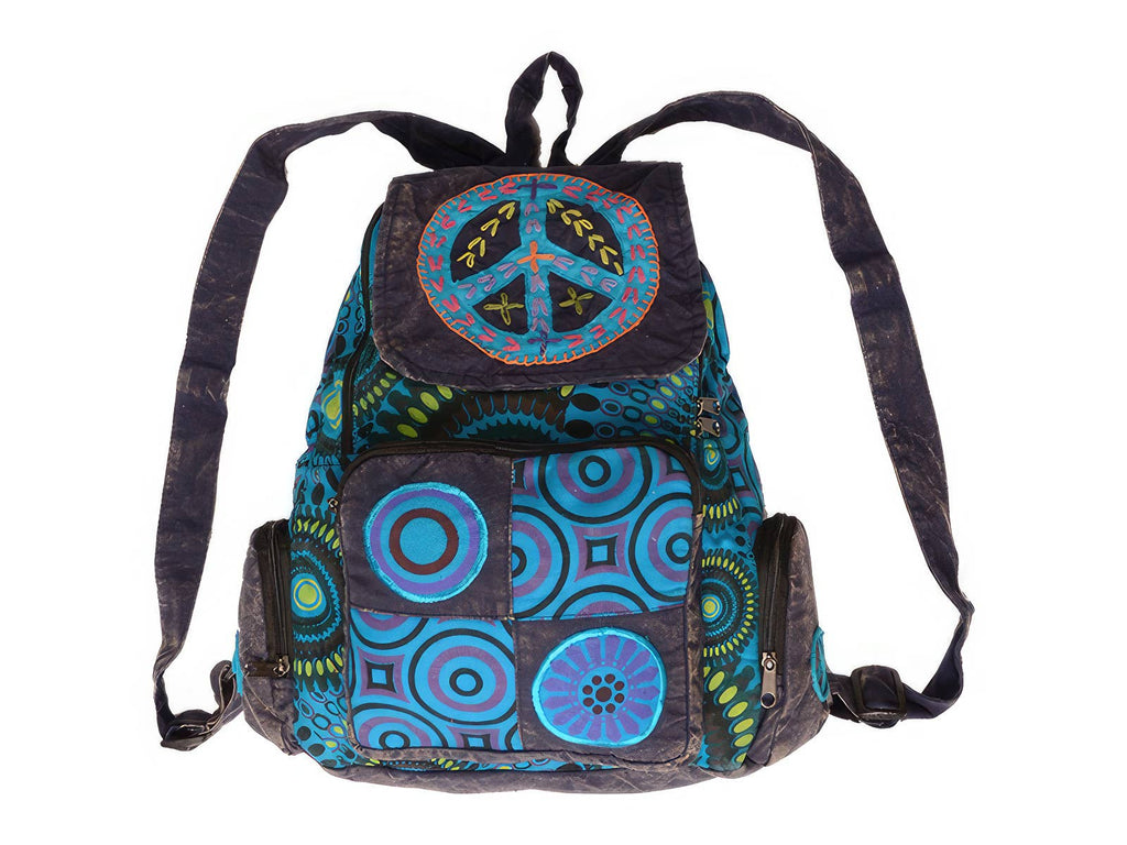 Stonewash Peace Sign Backpack – Handmade Embroidered Boho Bag by Gypsy Rose