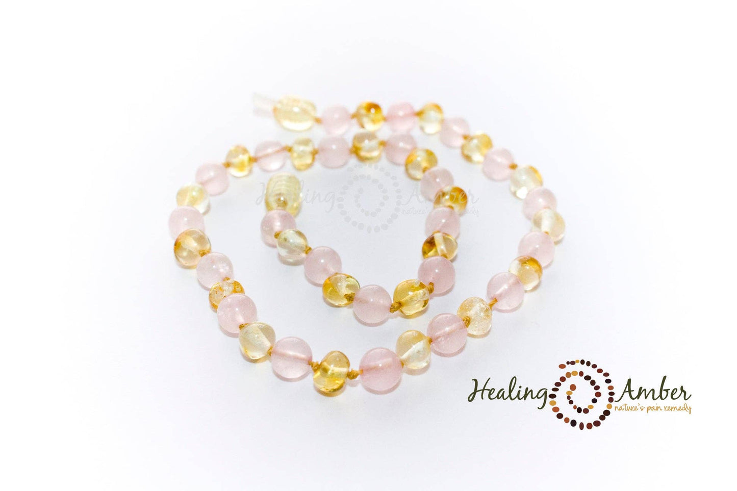 Baltic Amber & Rose Quartz Necklace - Gold Circle 11"