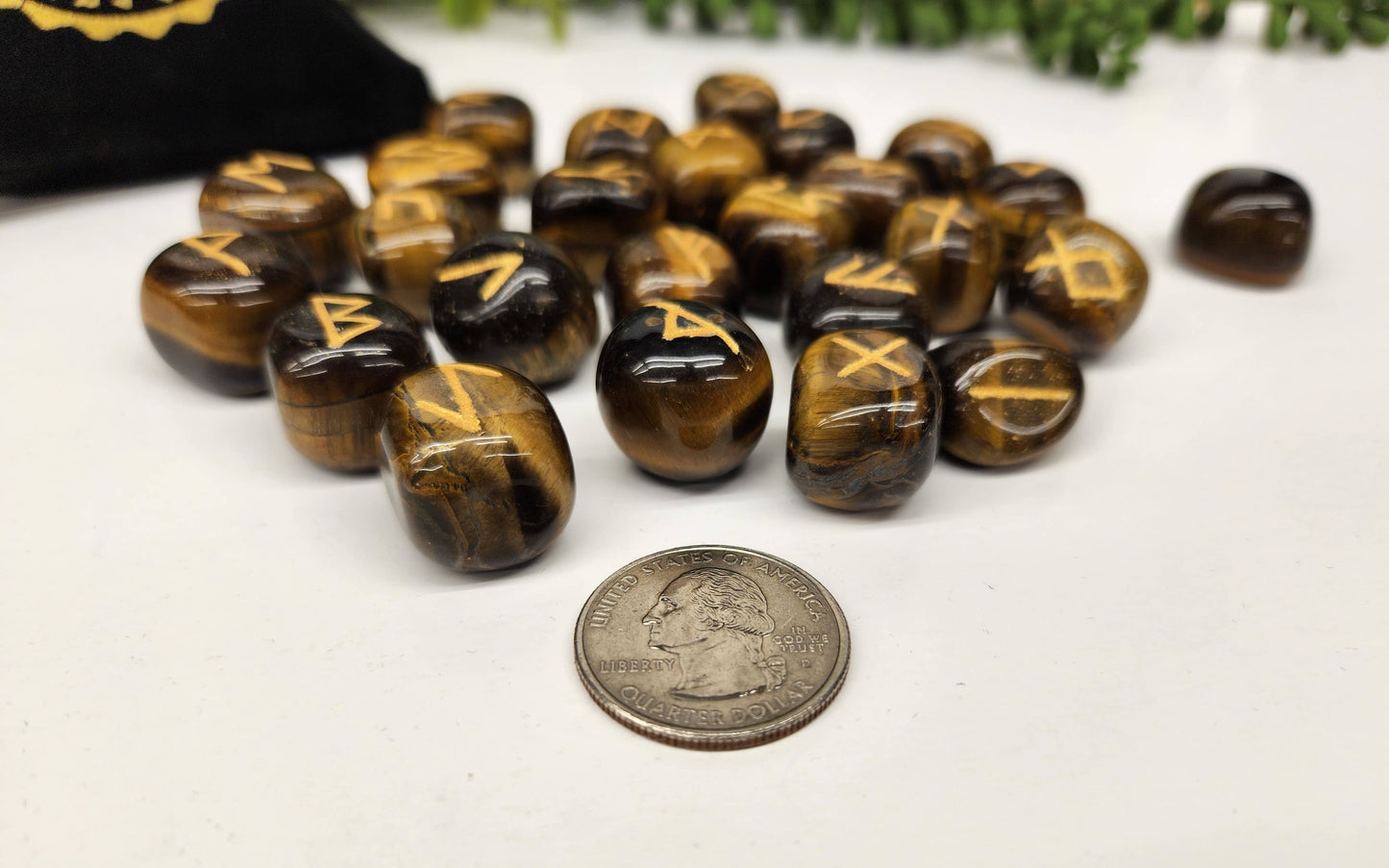 Yellow Tiger Eye Gemstone Rune Sets with Velvet Pouch