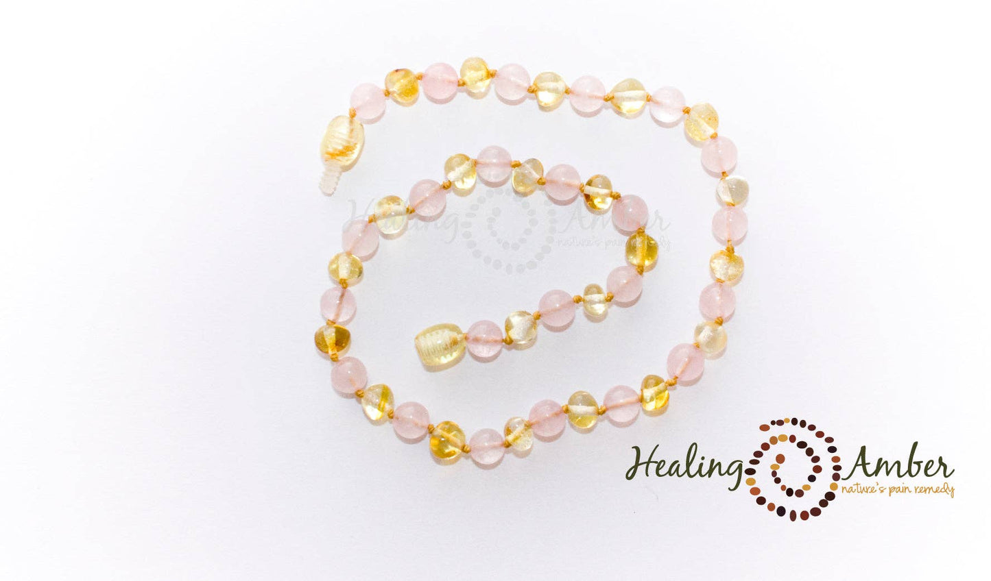 Baltic Amber & Rose Quartz Necklace - Gold Circle 11"