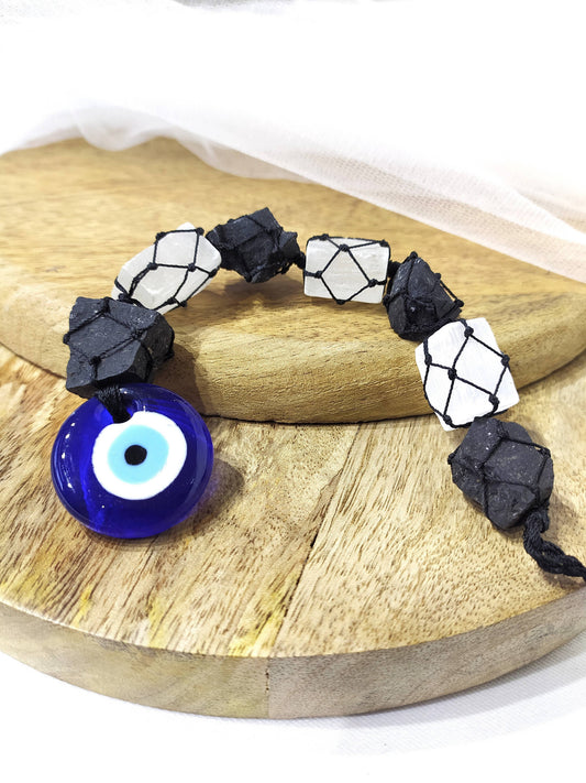 Black Tourmaline & Selenite Crystal Hanger with Evil Eye Protection Charm