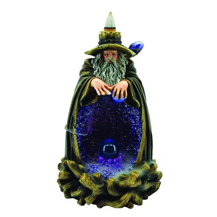 Wizard Casting Spell Backflow Incense Burner with LED – 7" Blue