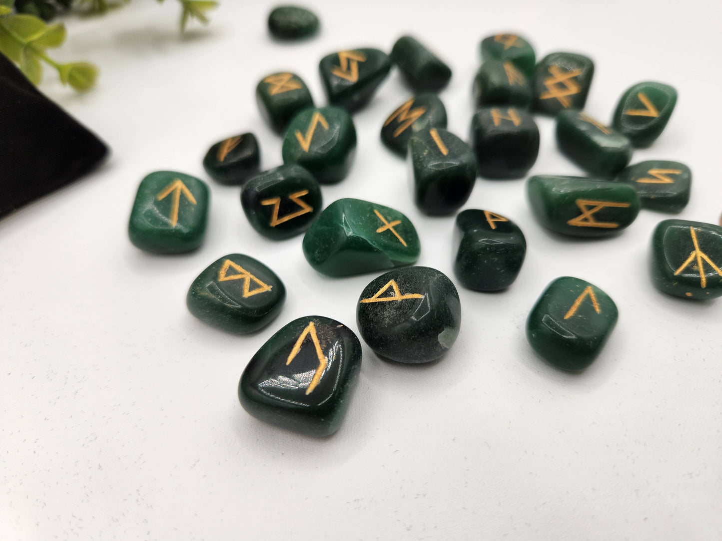 Jade Semi-Precious Gemstone Rune Sets with Velvet Pouch