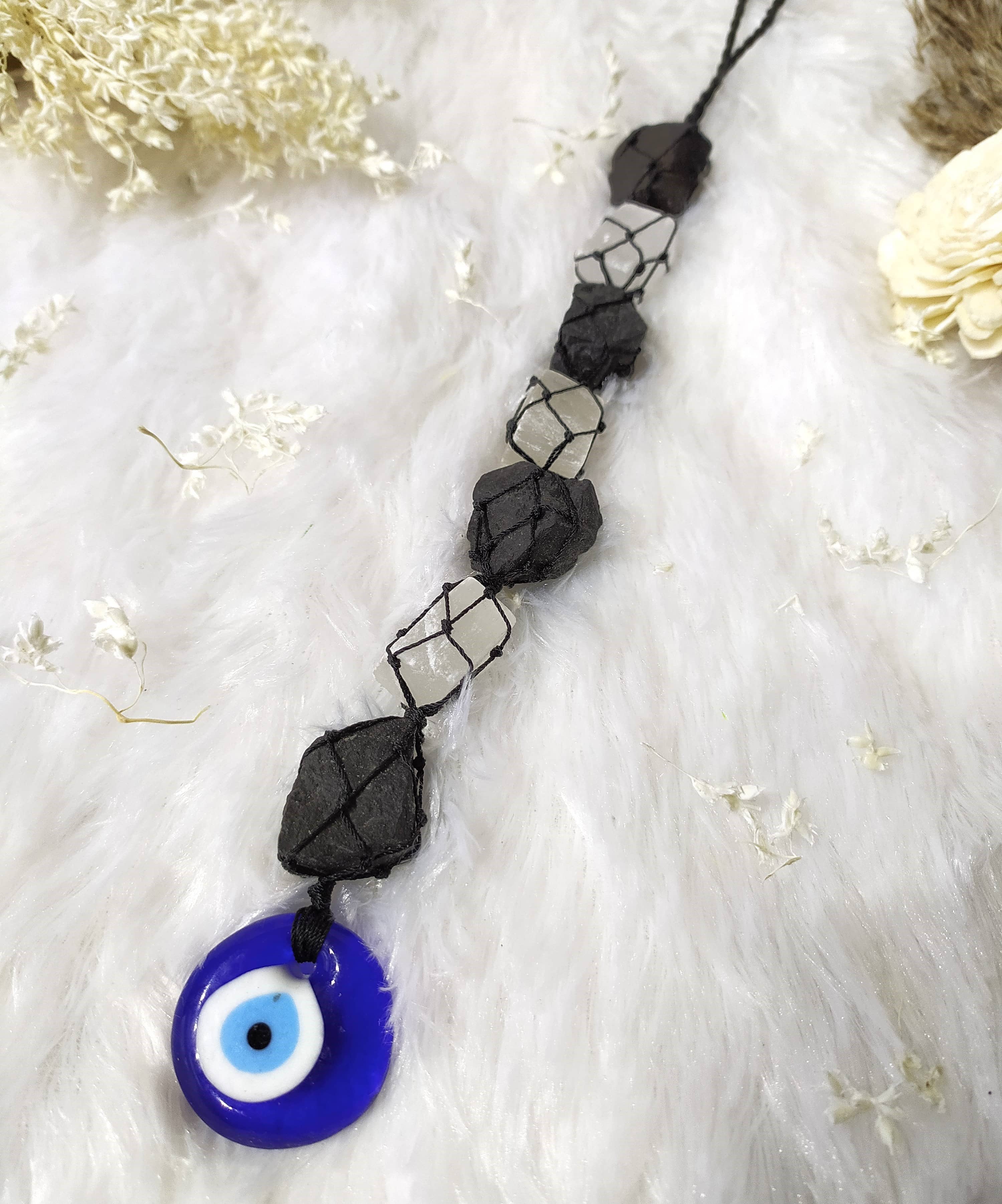 Black Tourmaline & Selenite Crystal Hanger with Evil Eye Protection Charm