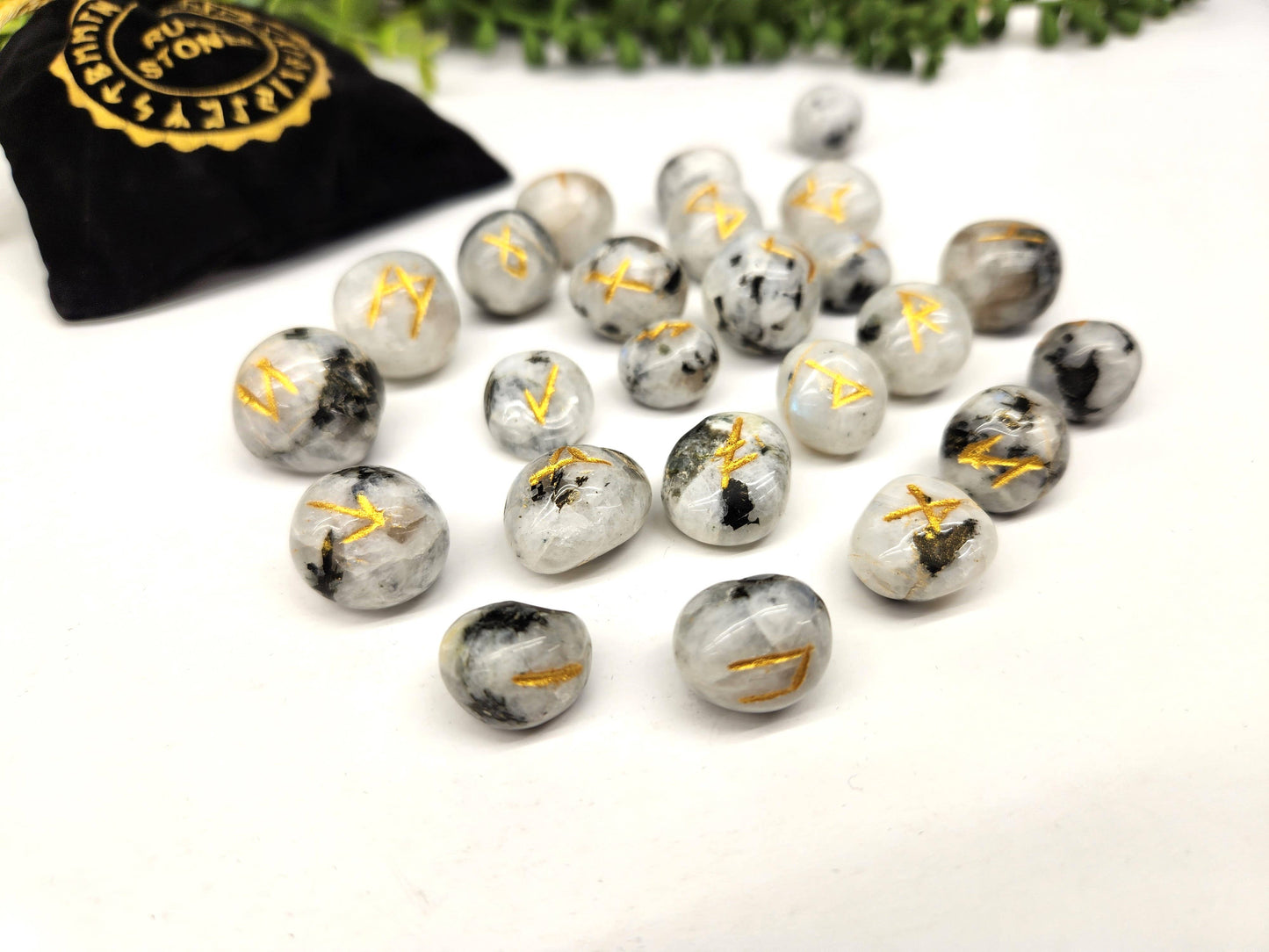 Rainbow Moonstone Gemstone Rune Set with Velvet Pouch