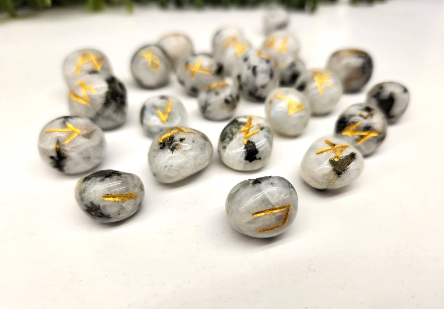 Rainbow Moonstone Gemstone Rune Set with Velvet Pouch