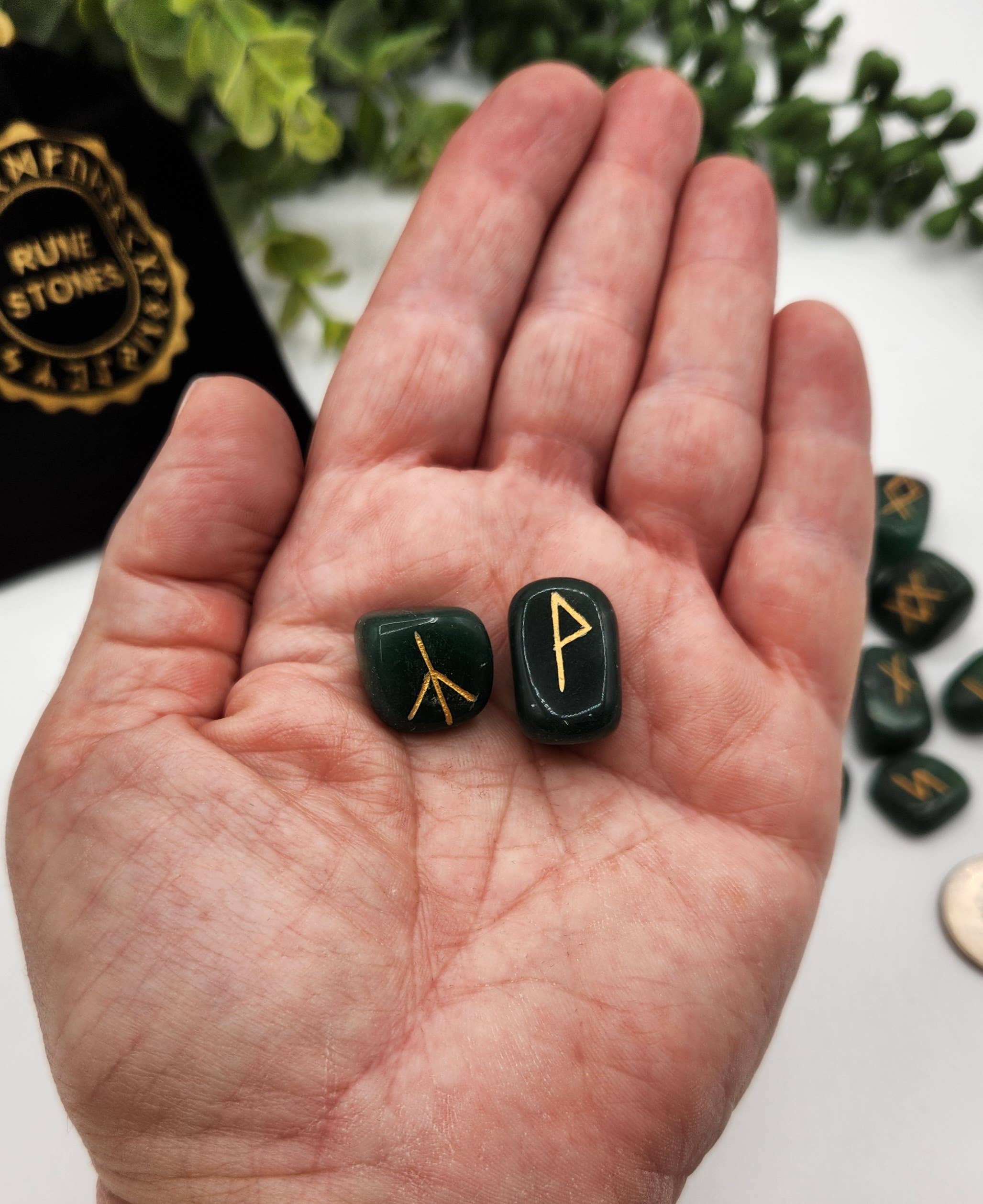 Jade Semi-Precious Gemstone Rune Sets with Velvet Pouch