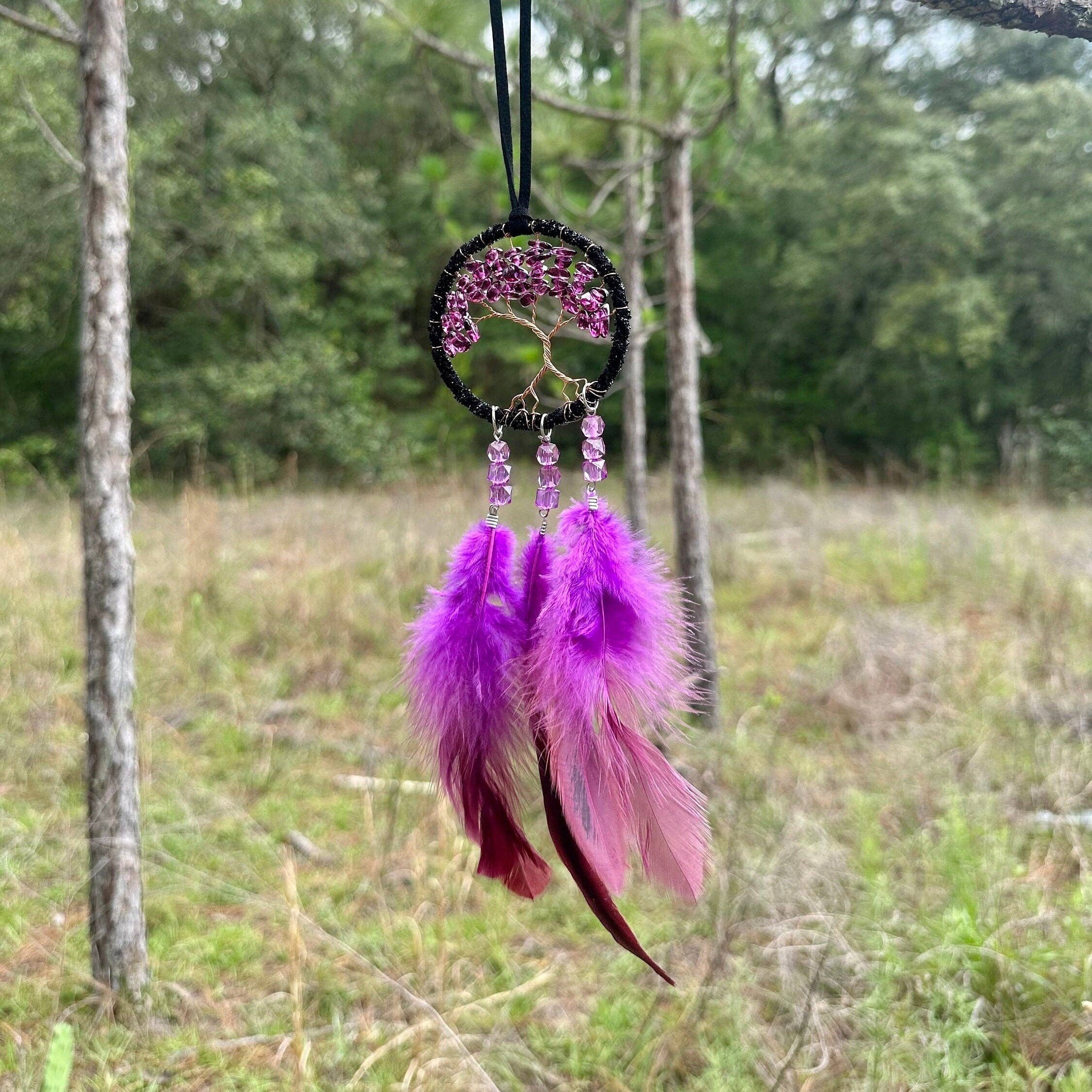 Handmade Dark Purple Gradient Tree of Life Dreamcatcher with Purple Feathers