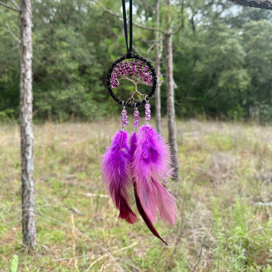 Handmade Dark Purple Gradient Tree of Life Dreamcatcher with Purple Feathers
