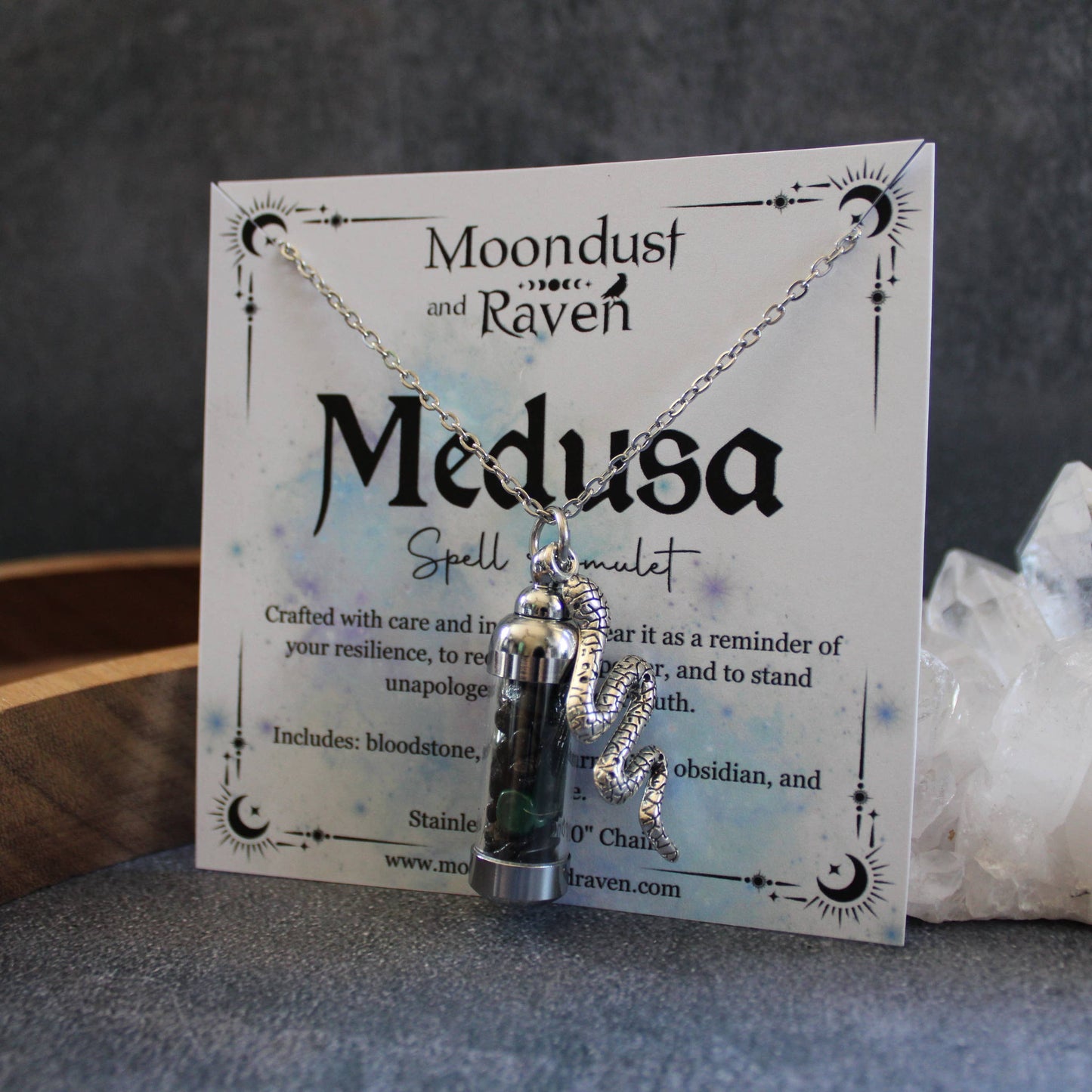 Medusa Spell Jar Amulet Necklace, Witchy Crystal Jewelry