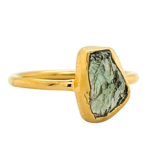 Moldavite Rough Freeform Ring - Genuine Rare Gemstone Gold Vermeil Size 8
