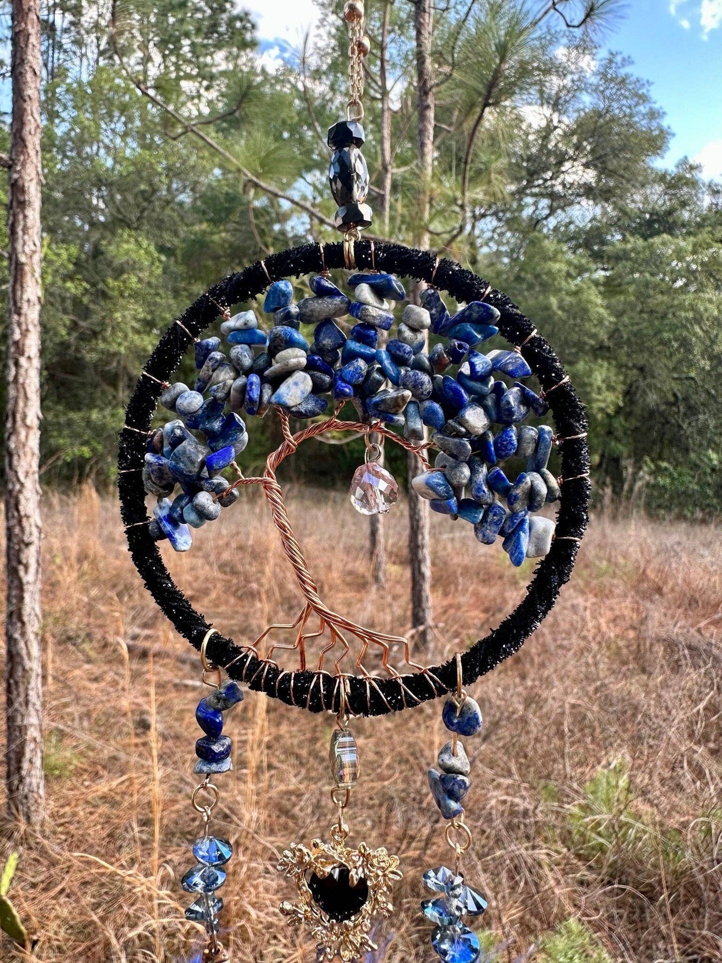 Medium Blue/Black Tree of Life Dreamcatcher with Black Heart Charm - Lapis Lazuli--