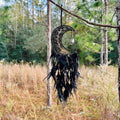 Medium Wall Hanging Crescent Moon Dream Catcher with Black Obsidian Stones & Hanging Stone Charm with Feathers