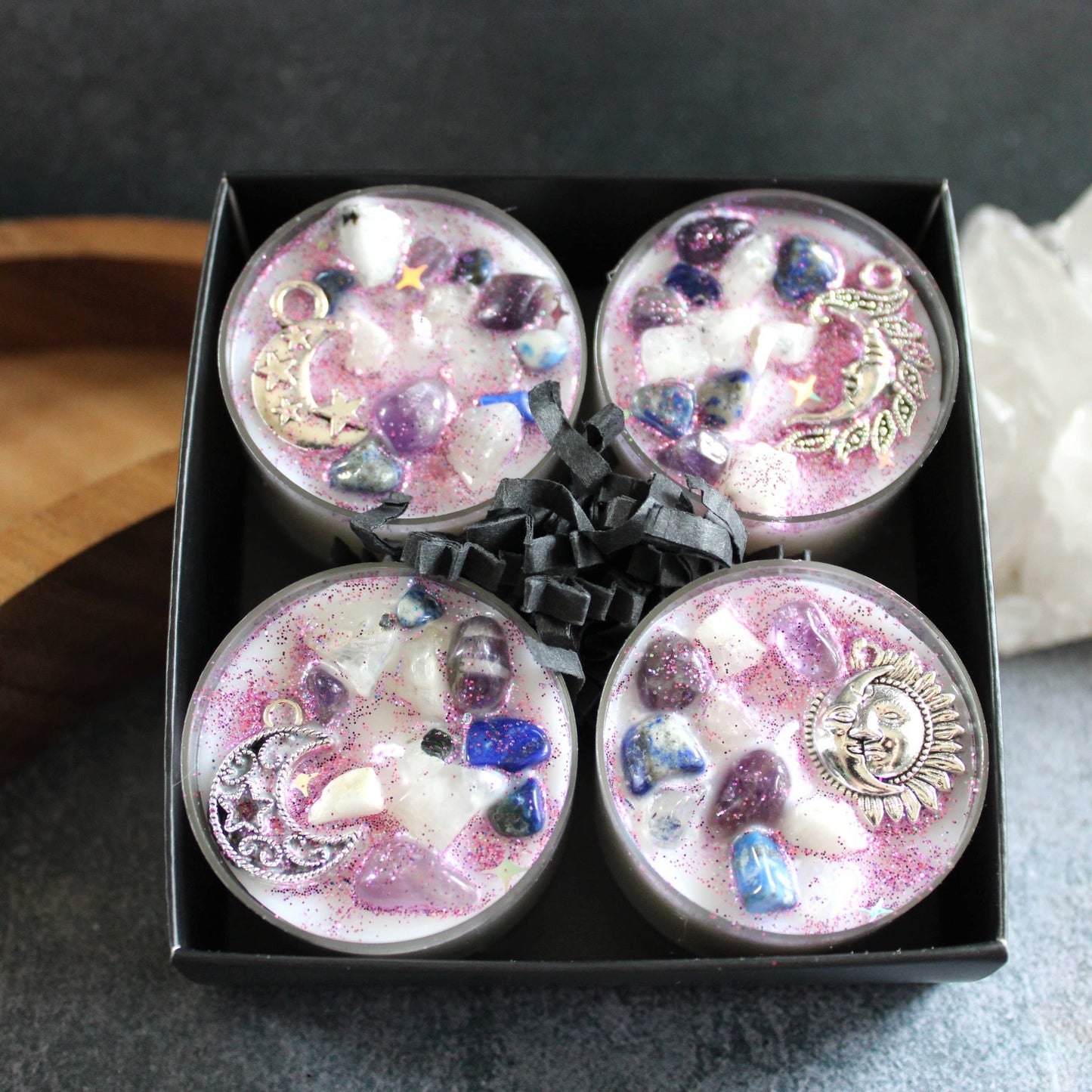 Moon Magick Tealight Crystal Candles – Set of 4 Ritual Candles