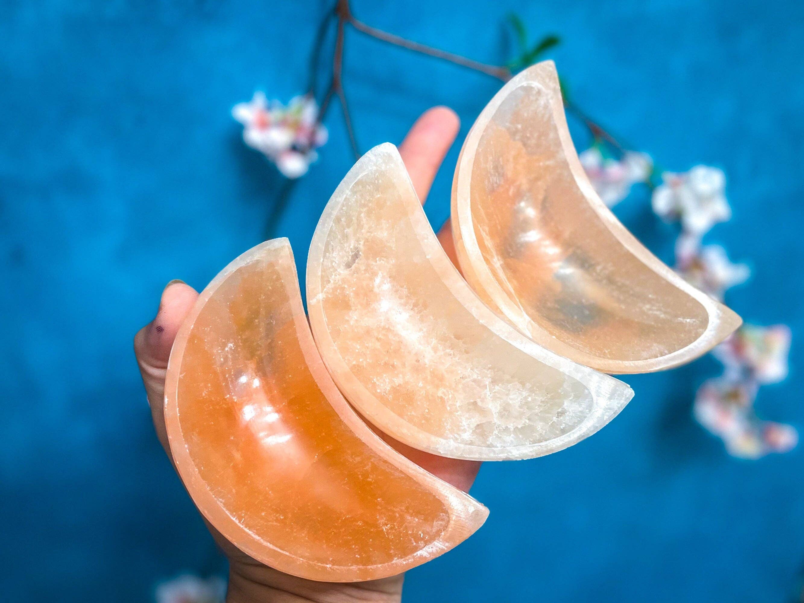 Peach Selenite Crescent Moon Bowl | 4" | Crystal Charging & Altar Decor