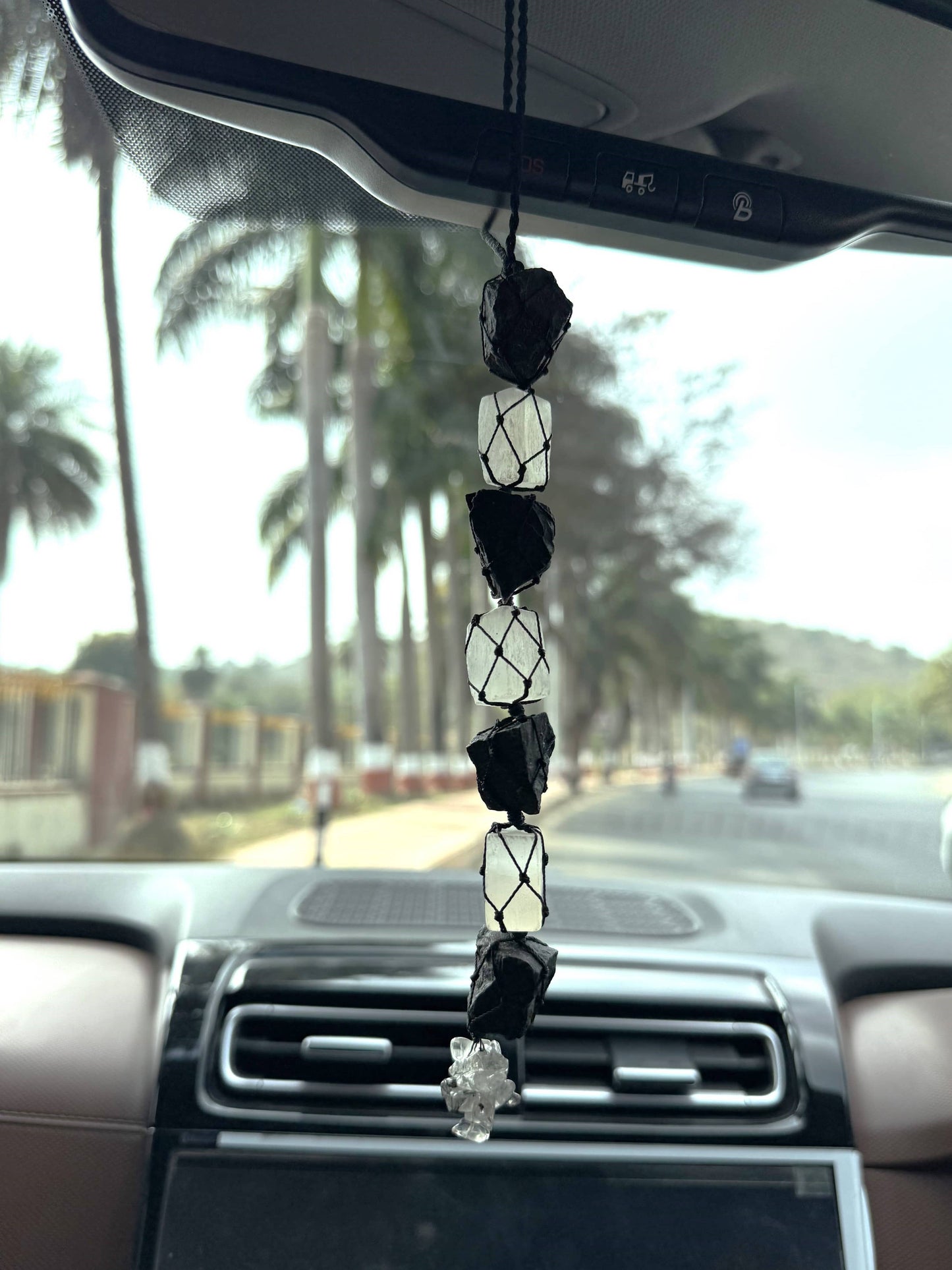 Black Tourmaline & Selenite Car Hanger | Crystal Protection Charm for Safe Travels