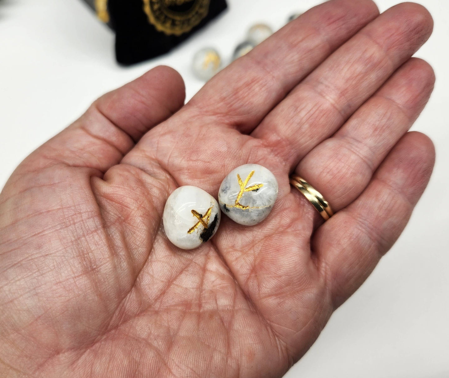 Rainbow Moonstone Gemstone Rune Set with Velvet Pouch