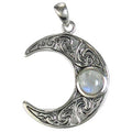 Sterling Horned Moon  crescent Pendant with Rainbow Moonstone