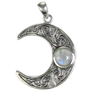 Sterling Horned Moon  crescent Pendant with Rainbow Moonstone