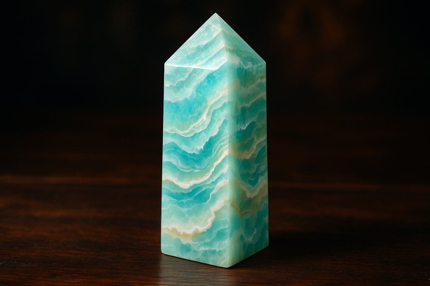 A beautiful Caribbean calcite crystal tower with swirling patterns of turquoise blue, seafoam green, and white reminiscent of Caribbean waters