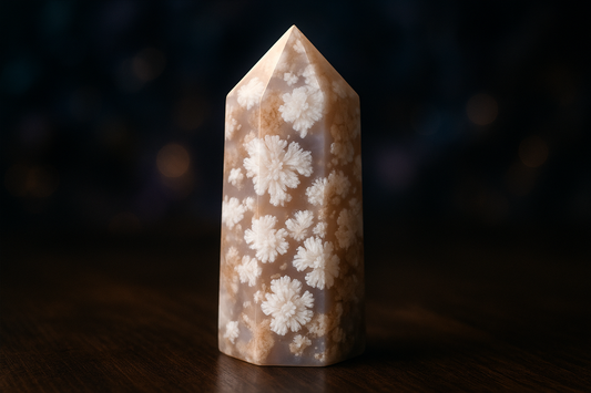A beautiful flower agate crystal tower with pink to white background and distinctive flower-like patterns formed by white plume inclusions