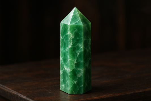 A beautiful jade crystal tower with rich green color, natural variations and subtle white marbling, polished to a high translucent shine
