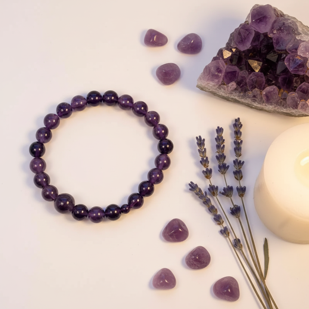 A-Grade deep purple amethyst 8mm beaded stretch bracelet with raw amethyst cluster and lavender on light grey background