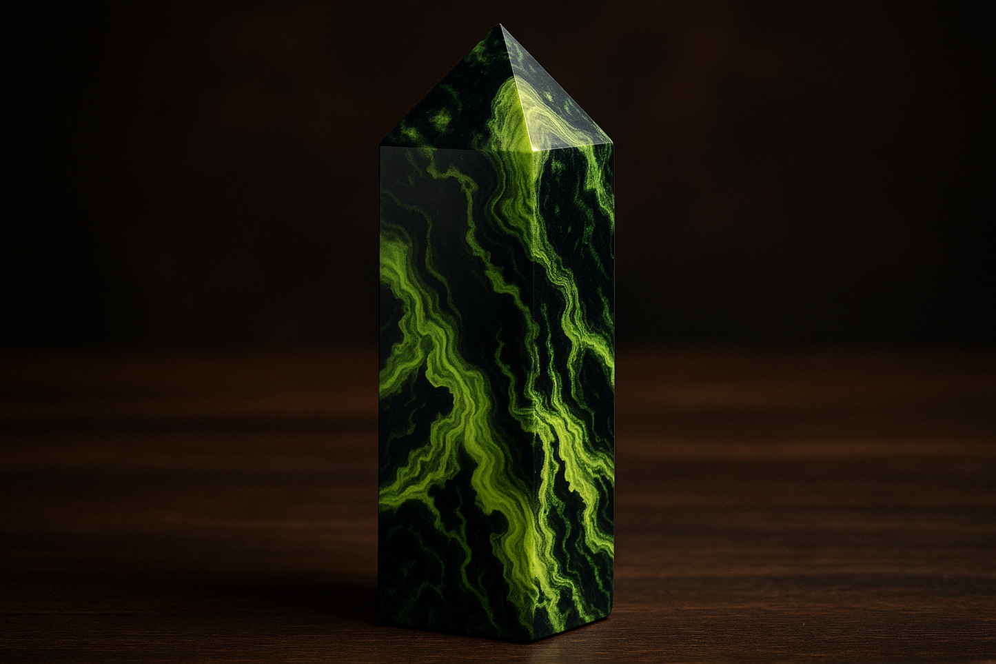 A stunning volcano agate crystal tower with dramatic patterns of vibrant lime green and deep black swirls, with no red or orange coloration