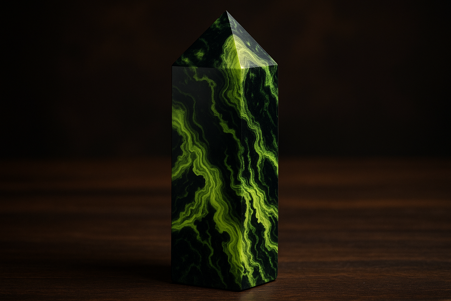 A stunning volcano agate crystal tower with dramatic patterns of vibrant lime green and deep black swirls, with no red or orange coloration