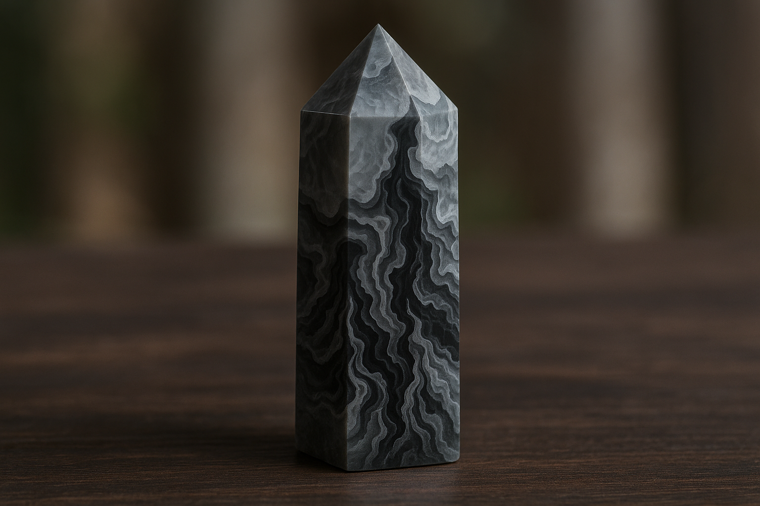 A volcano agate crystal tower with dramatic patterns of medium grey and deep black swirls, featuring a natural polished finish