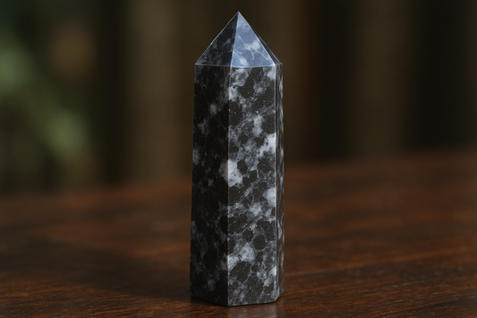 A Yooperlite crystal tower in natural lighting showing its dark gray to black syenite rock with subtle white to gray sodalite inclusions, polished to a high shine