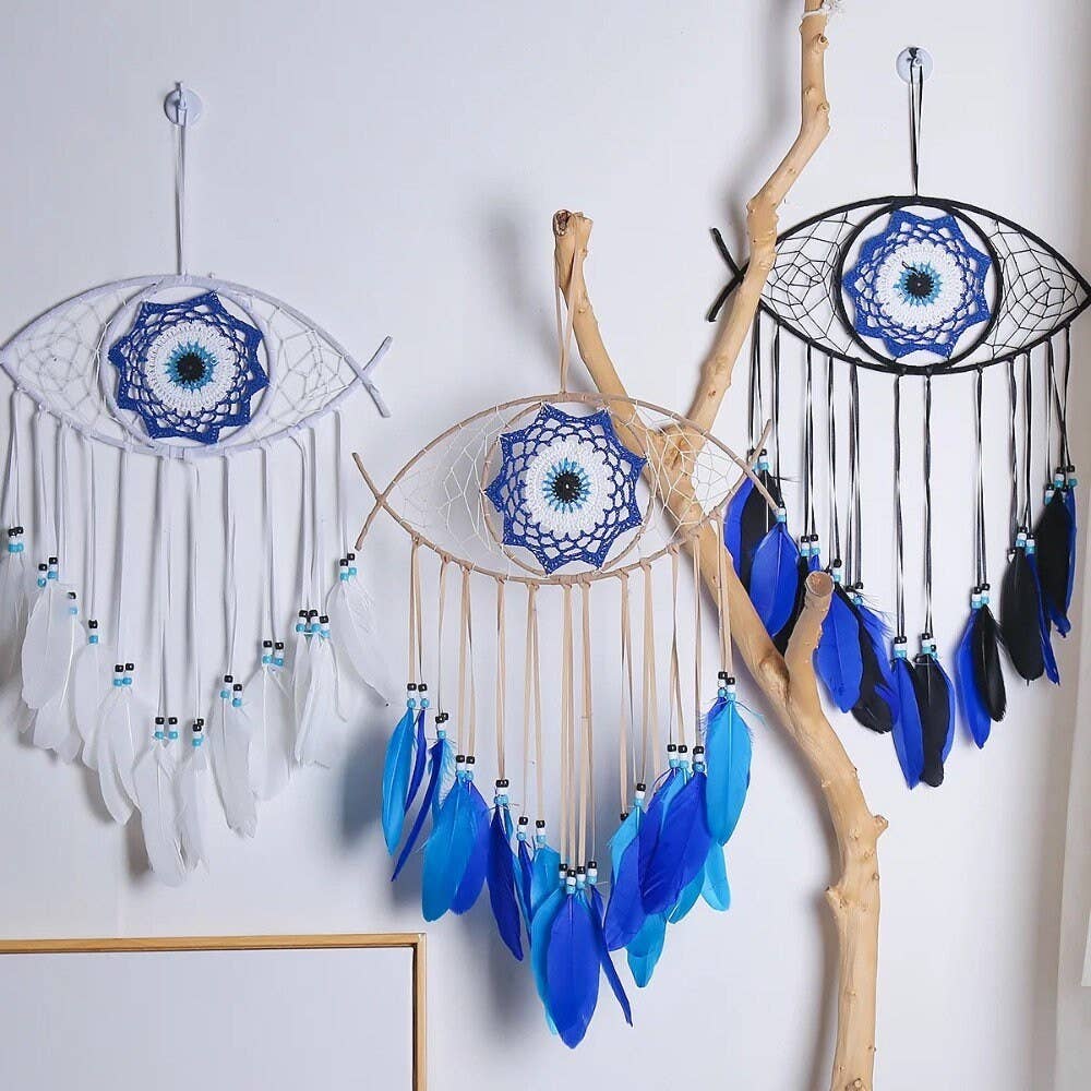 Large Wall Hanging Evil Eye Nazar Boncuk Mal De Ojo Dream Catcher with Feathers,