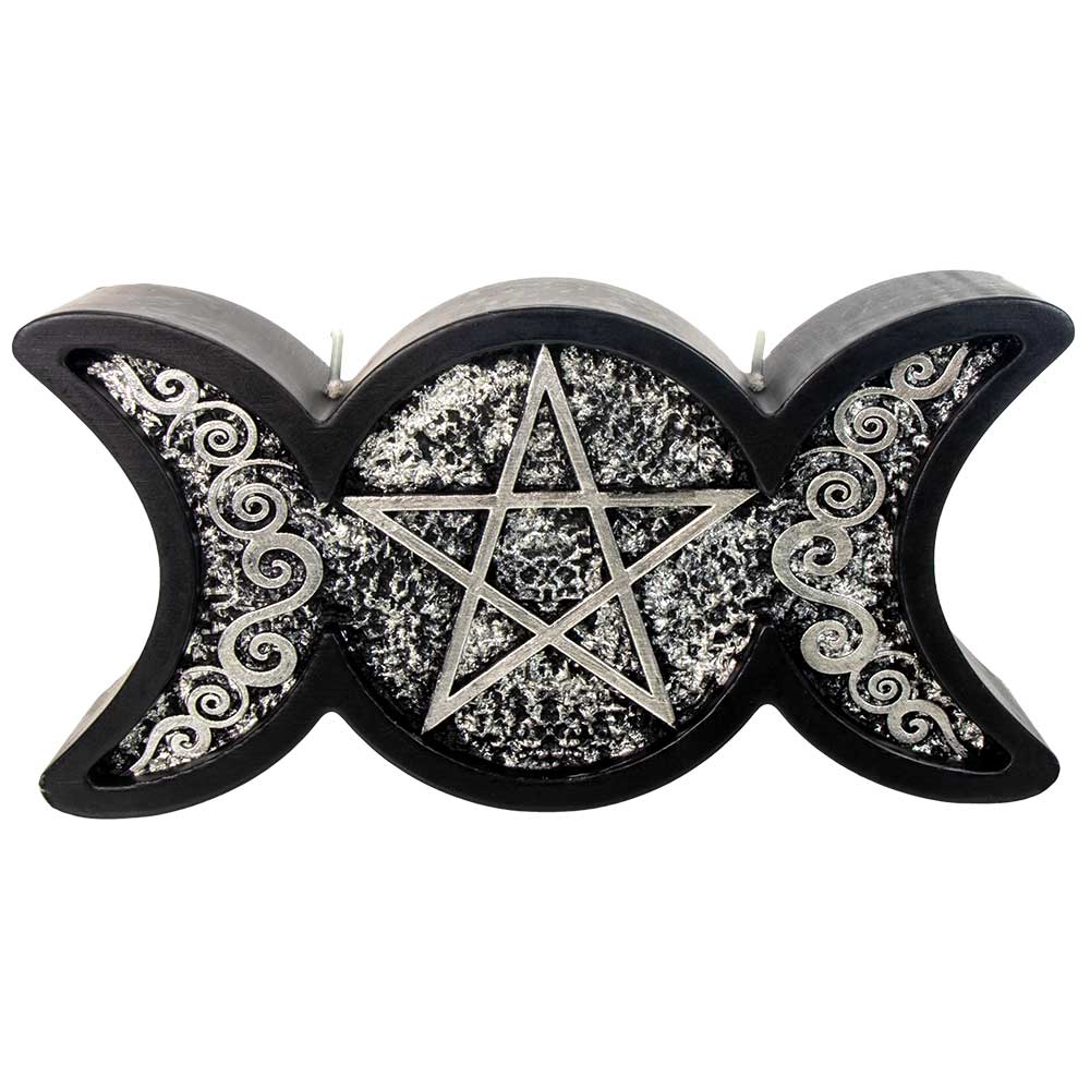 Triple Moon Pentacle Candle - Black & Silver Intention Candle