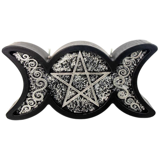 Triple Moon Pentacle Candle - Black & Silver Intention Candle