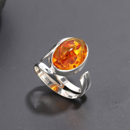 925 Silver Sunset Amber Oval Ring Size 6
